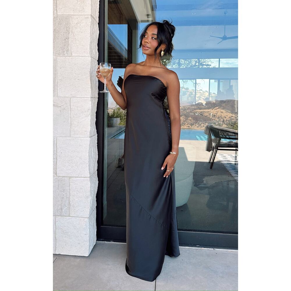 Show Me Your Mumu Taylor Tube Dress in Black Luxe Satin S